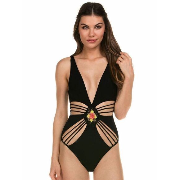 New! ISABELLA ROSE Women's Strappy Black One-Piece Swimsuit Bathing Suit Medium - Picture 2 of 8